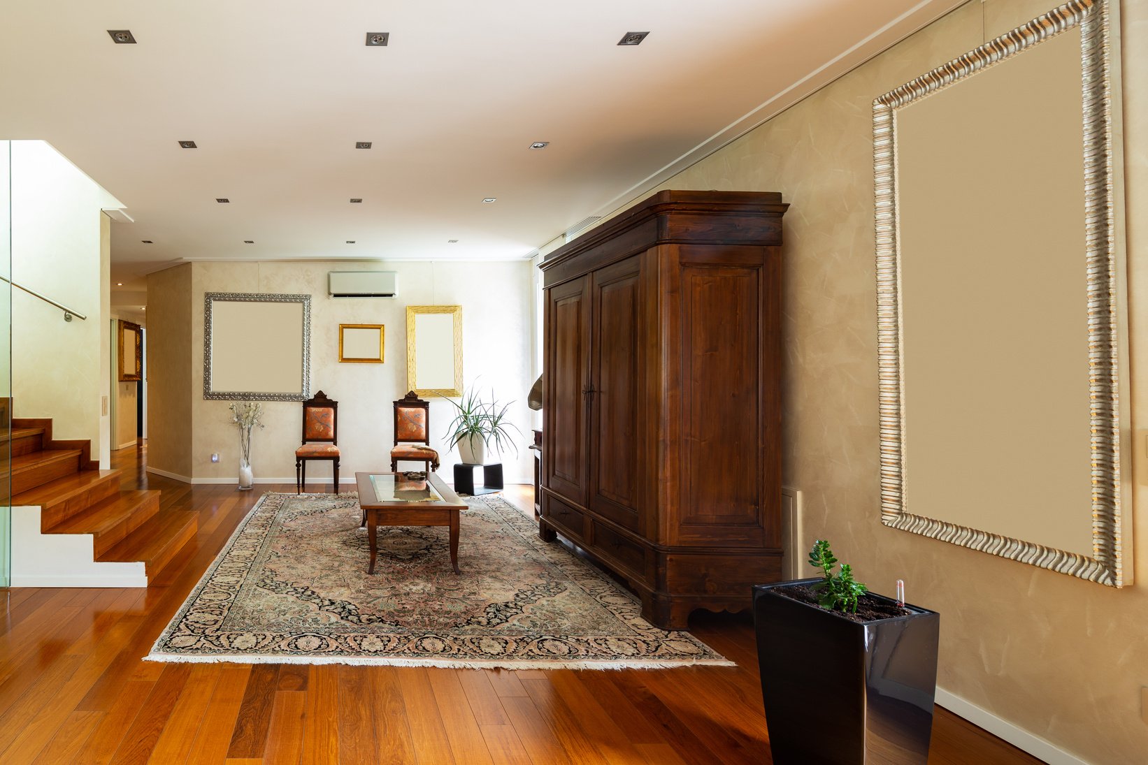 Entry with stairs and glass, parquet